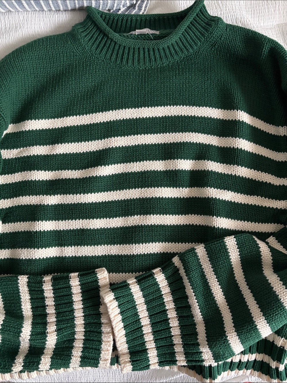 J. Crew Dark Green and Cream Striped Crewneck Sweater